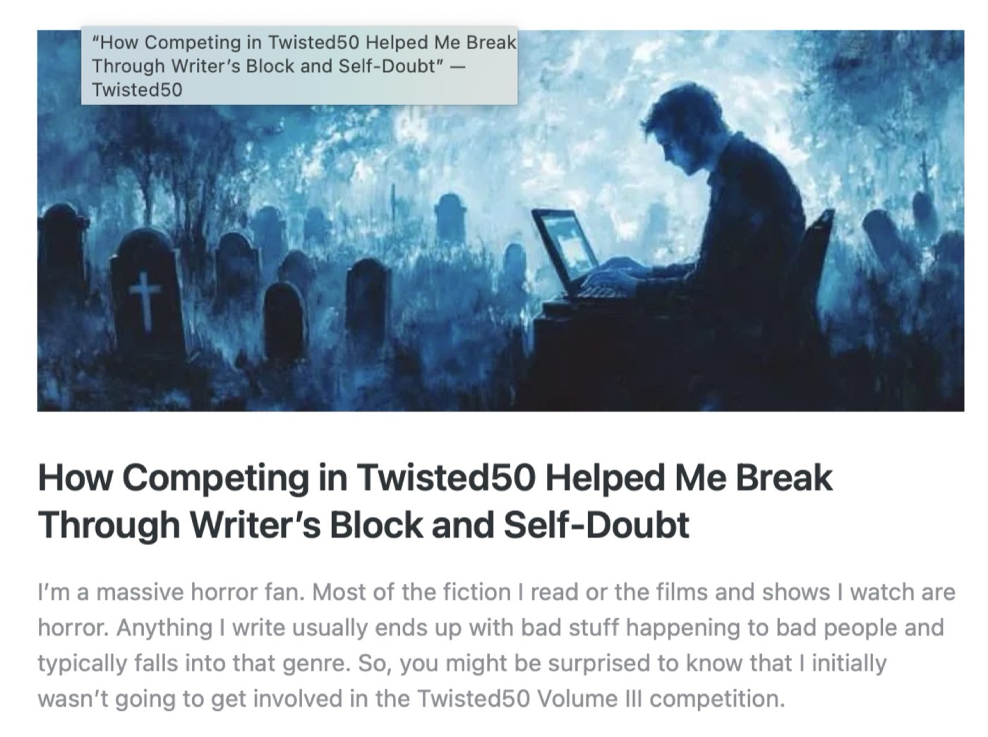 A cover image of a blog post written to promote the Twisted50 Volume III Short Horror Story anthology competition